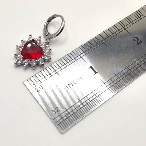925 Sterling Silver Heart Earrings w/ Synthetic Ruby & Diamonds Valentines Gift - Picture 1 of 6